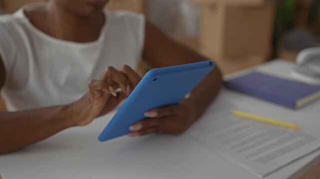 Woman tapping blue tablet with hands at table surrounded by moving boxes and documents in building; moving planning concentration.