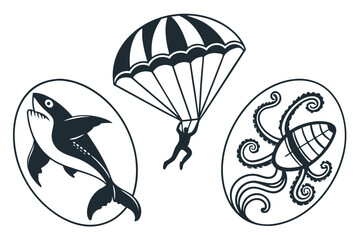 Parachuter, orca and octopus in three black and white line art illustrations © Ferdou