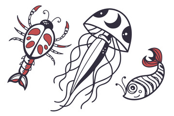 A cartoonish illustration of a scorpion, jellyfish and fish © Ferdou
