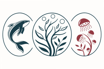Marine life icons with dolphin seaweed and jellyfish © Ferdou