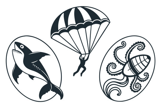 Parachuter, orca and octopus in three black and white line art illustrations