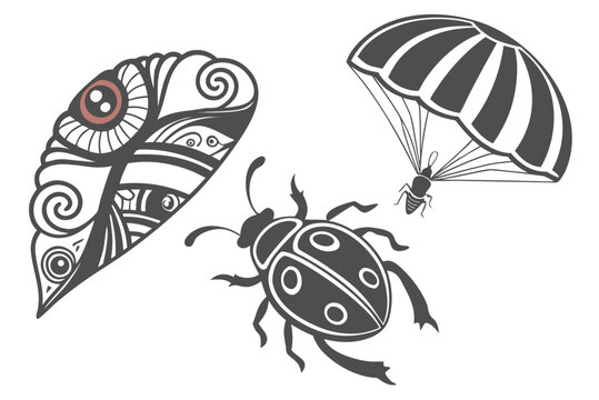 A beetle with parachute and feather