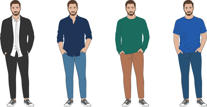 Flat vector illustration set of modern men wearing different fashion styles including suits casual shirts and stylish streetwear.