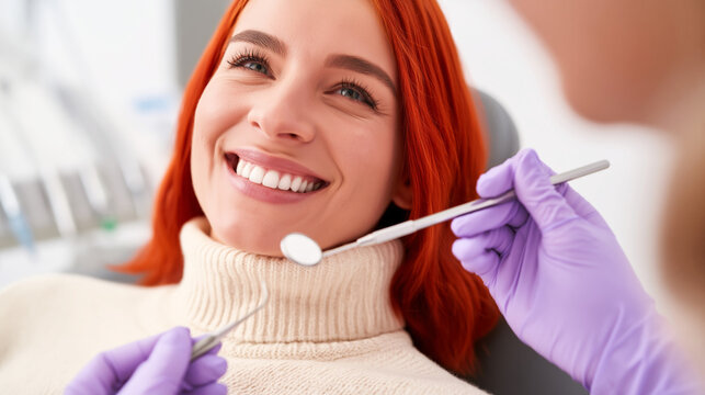 Smiling woman patient during dental examination. Professional dentist using mirror for oral checkup in clinic. Healthcare treatment, prevention and teeth hygiene concept for stomatology.
