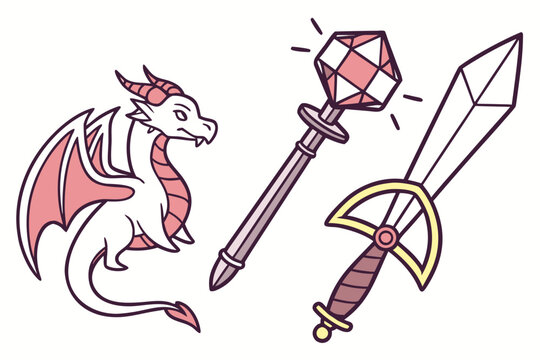 A pink and white dragon next to a sword and dagger