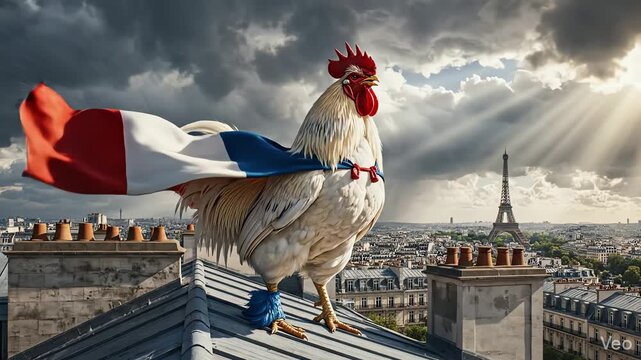A proud rooster with a French flag draped over its back stands heroically on a rooftop with the Eiffel Tower in the background under a dramatic sky