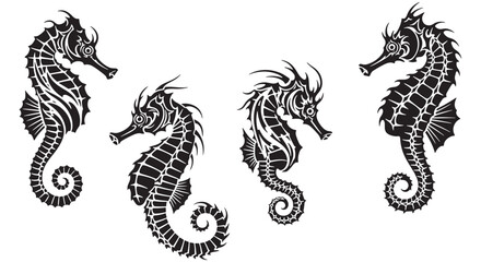 Elegant collection of four ornate seahorse vector illustrations for marine graphic design. © Shanzida