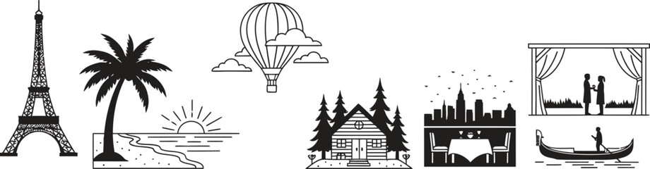 Diverse collection of travel and tourism icons featuring famous landmarks vacation spots and adventure elements rendered in a minimalist flat vector style for global journey concepts © Zohaib