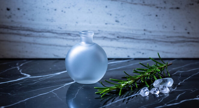 香水瓶が氷やローズマリーと静かに佇む幻想的な写真