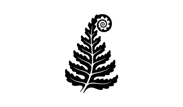 Single silver fern spiral leaf silhouette handmade vector botanical icon black and white minimal design