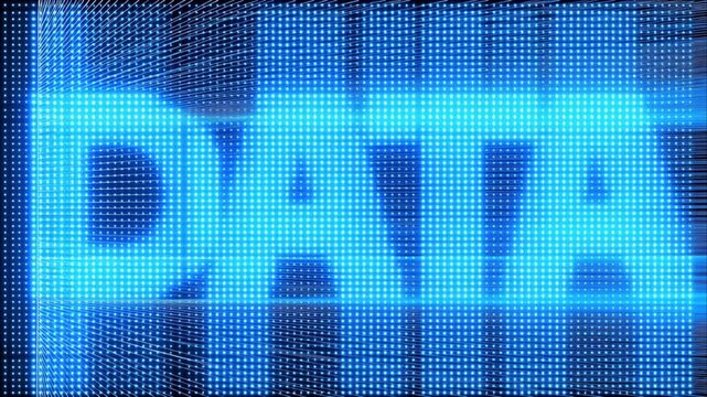 Cyber typography animation with glowing blue data text on matrix.