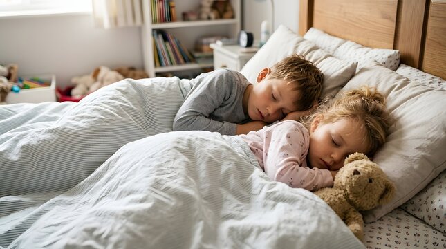 Peaceful children sleeping in cozy bedroom with stuffed animal