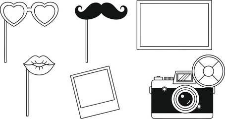 Set of outline photo booth props featuring heart glasses moustache and lips with a vintage camera and various picture frames ideal for party and photography-themed designs © Zohaib