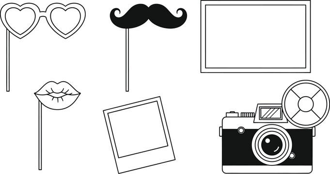 Set of outline photo booth props featuring heart glasses moustache and lips with a vintage camera and various picture frames ideal for party and photography-themed designs