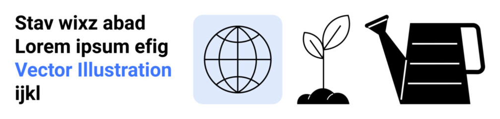 Obraz premium Environmental conservation, sustainability, agriculture, growth, eco lifestyle, climate awareness. Minimalist globe, sprouting plant and a watering can. Environmental conservation and sustainability