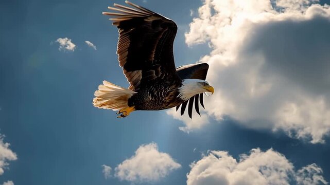 Majestic bald eagle soaring through a bright blue sky with sunburst and fluffy white clouds 4k video