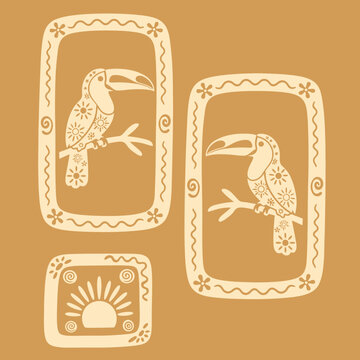 Toucans in decorative frames side by side.