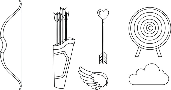 Minimalist line art vector set featuring Cupids bow quiver heart-tipped arrow target and angel wing ideal for Valentines Day romance or dating app design