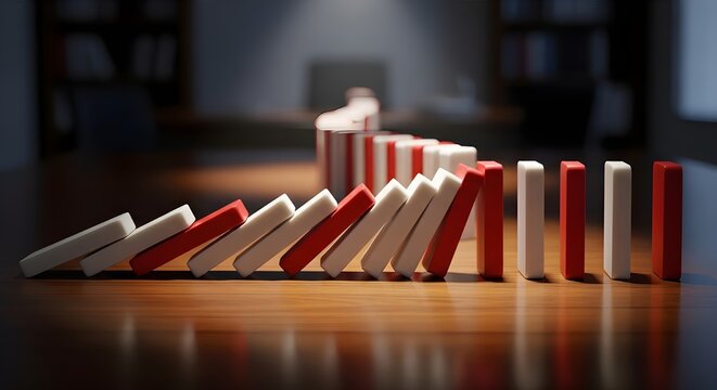 Domino blocks falling representing chain reaction.