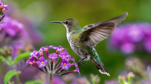 A beautiful female hummingbird hovering near a cluster of vibrant purple butterfly bush flowers in a garden 4k video