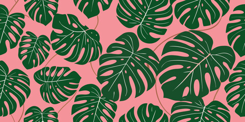 Seamless pattern of monstera leaves against a soft pink backdrop © Nasir