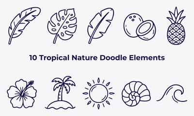 Fototapeta premium Tropical nature doodle elements collection featuring palm leaves coconut pineapple hibiscus flower palm tree island sun sea shell and ocean wave icons isolated on white background for web.