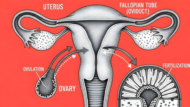 Illustrated female reproductive system with uterus, ovaries and fallopian tubes, highlighting ovulation, oviduct and fertilization site, and inset view of the uterine lining to explain how an egg trav