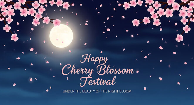 Pink cherry blossoms fall under a full moon at night
