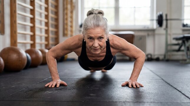 Strong senior woman doing push-ups on gym floor.