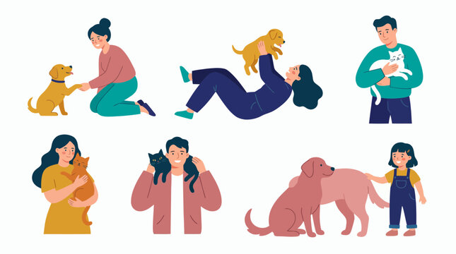 Diverse corporate managers and office workers hugging and playing with their pet cats and dogs, flat vector illustration set, concept for work life balance, animal welfare and pet ownership