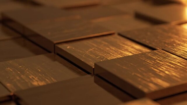 Close-up of copper tiles reflecting warm light, abstract design.