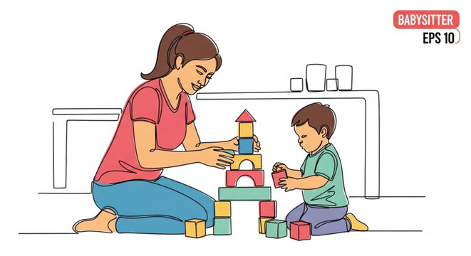 Smiling babysitter and little boy building colorful block tower together on floor at home