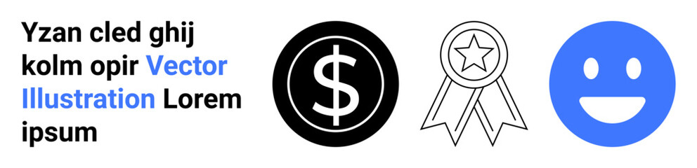 Obraz premium Financial success, achievement recognition, online services, business concepts, customer satisfaction, and positivity. Black dollar sign, outlined badge and blue smiling face. Financial success