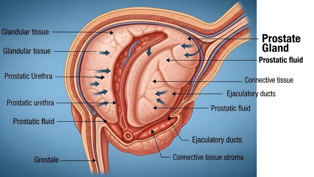 Cross‑section medical diagram of the prostate gland showing glandular tissue, prostatic urethra, connective stroma and ejaculatory ducts, with arrows indicating the flow of prostatic fluid that contri