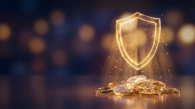 Digital Particle Glowing Shield Icon Protecting a Pile of Golden Coins