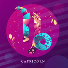 Modern magic witchcraft card with astrology Capricorn zodiac sign on fluorescent background. Flat design. vector illustration © annbozhko
