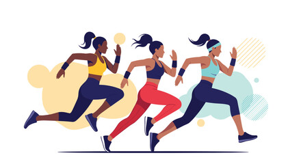 Fototapeta premium Group of three diverse women sprinting with determination in athletic gear against a colorful abstract cloud background.