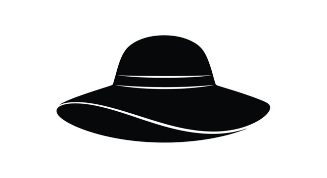 A simple black silhouette of a wide brimmed sun hat on a white background