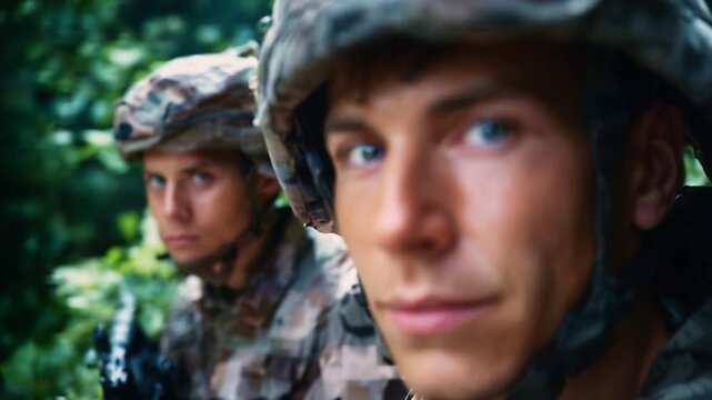 Close-Up Portraits of Soldiers in Camouflage Uniforms Exhibiting Focus and Determination Amidst a Verdant Background in a Military Training Environment