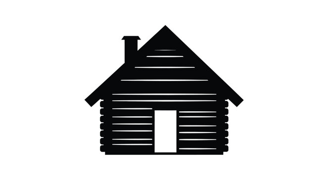 Simple black silhouette of a log cabin with a chimney