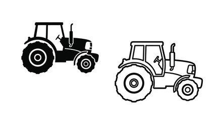 Obraz premium Two black and white illustrations of modern agricultural tractors are shown