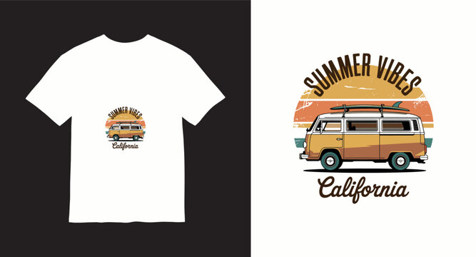 Summer vibes california retro sunset t-shirt design featuring vintage camper van on beach