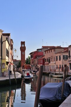 Bell Tower of Oratorio di Santo Stefano and Rio dei Vetrai (canal) in Murano, Italy