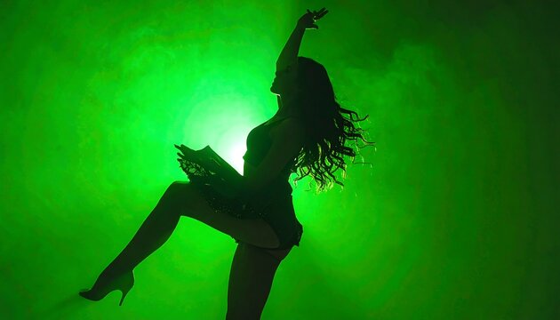 A woman in a dynamic dance pose against a vibrant green background