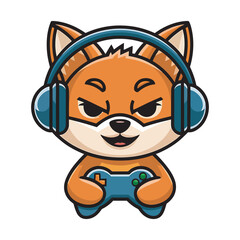 Fototapeta premium Cute little fox wearing headphones playing video game with controller, vector art