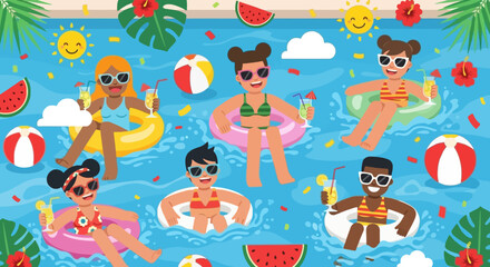 Naklejka premium Cute Cartoon Kids Swimming Pool Party Summer Fun Floaties Cocktails Watermelon Sun
