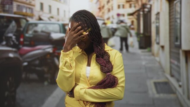 Young african american woman covers face with hand and fingers over eyes, wearing yellow sunglasses and a yellow shirt with long braided hair on a narrow street; shyness urban style.