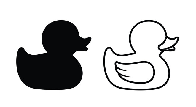 A black silhouette and white outline illustration of a rubber duck
