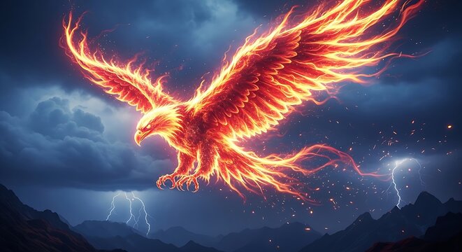 Fire phoenix flying with wide wings in dramatic sky