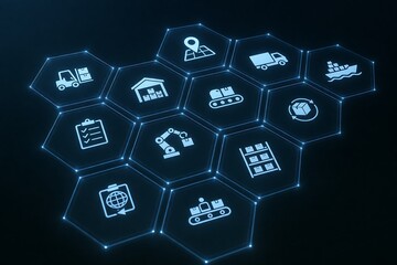 Fototapeta premium A collection of logistics and transportation related icons in a honeycomb pattern on a dark background with blue outlines and white icons shown